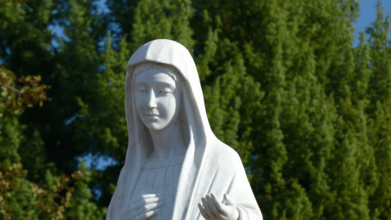 Statua bianca della Regina della Pace a Medjugorje, con sfondo di alberi verdi e cielo sereno.